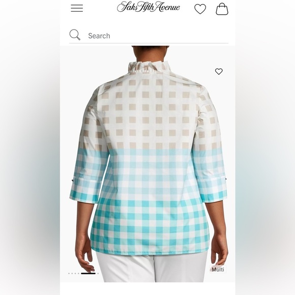 Ming Wang Women’s Ruffled Cotton Gingham Blouse Spring Casual Tan/Blue Size Med - Picture 3 of 11